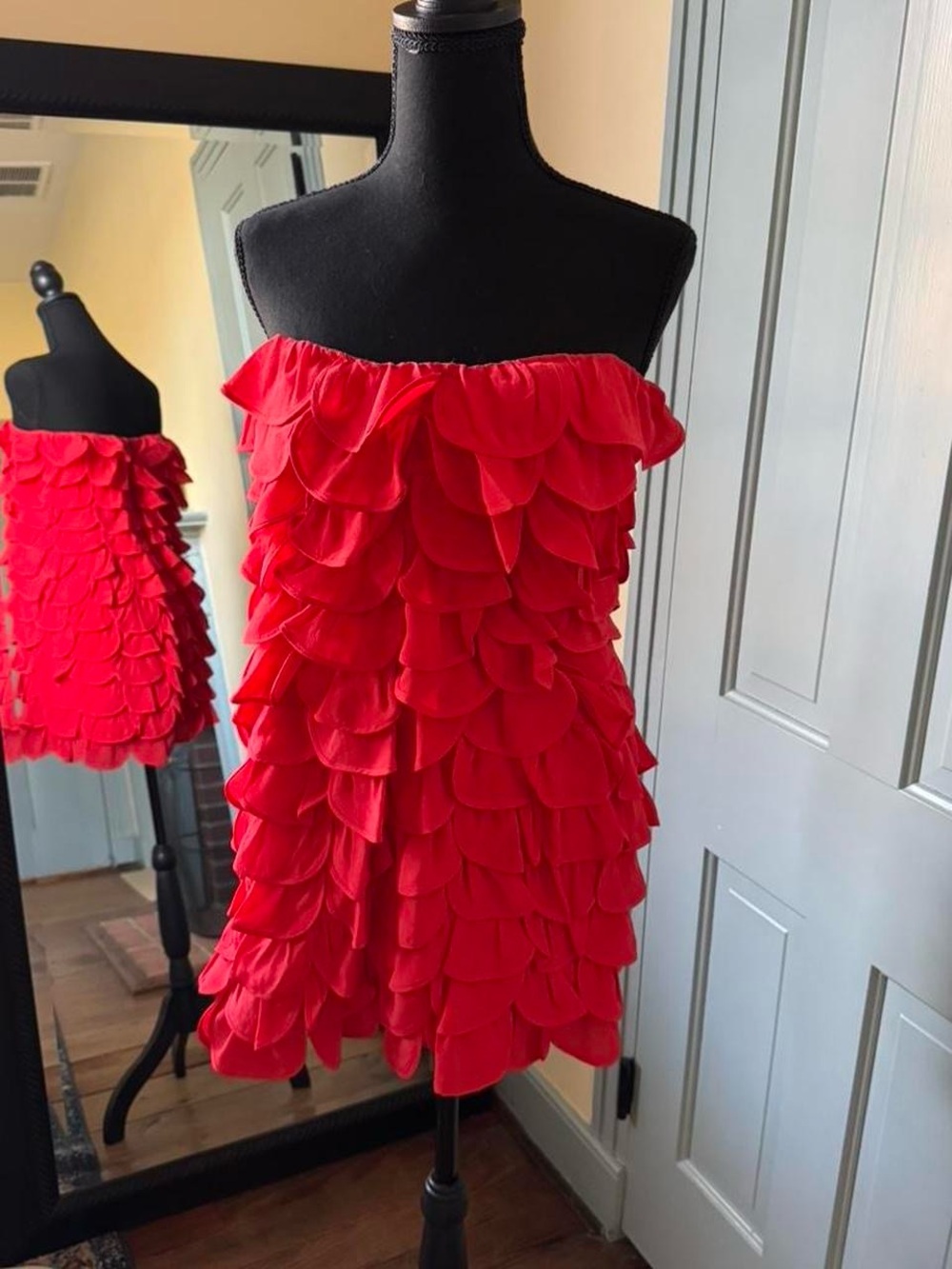 leifsdottir Red Strapless Petal Ruffle Mini Dress